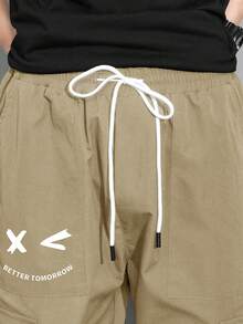 Manfinity Hypemode Loose Men's Expression Print Flap Pocket Drawstring Waist Cargo Pants - Khaki - View 6