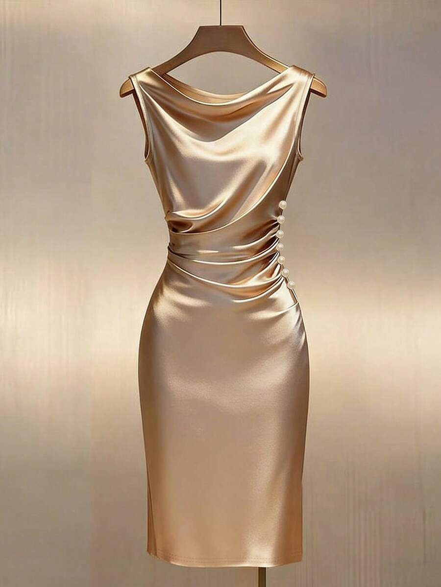 Franclia Đầm ôm sát không tay bằng satin màu vàng sâm panh, cổ xếp ly. - Màu be - Xem 1