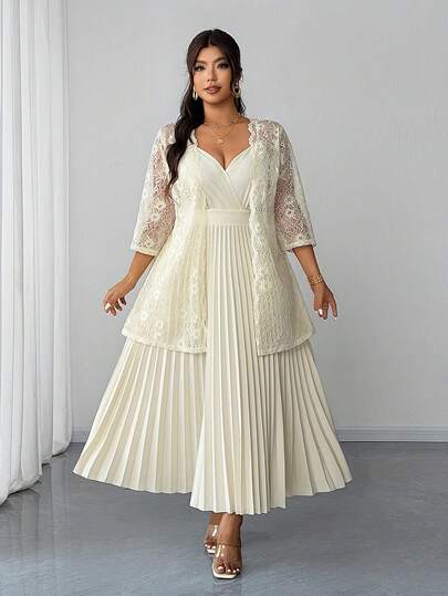 Elenzga Conjunto de 2 piezas de talla grande para mujer con cárdigan de encaje de 3/4 de manga y vestido plisado, conjunto elegante para citas y vacaciones