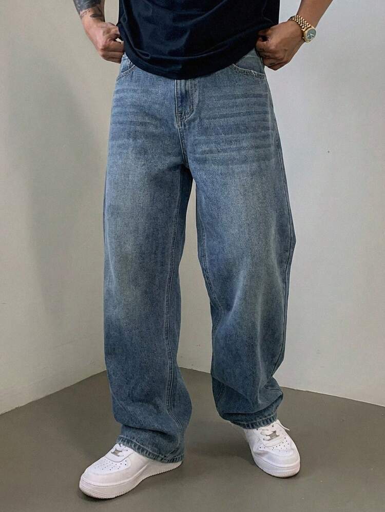 Men's Washed Vintage Blue Long Denim Jeans, Suitable For Spring And Autumn