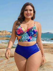 Swim Lushoire 2pcs Women Floral Print Bikini Set, Spaghetti Strap Playful Swimsuit - Blue - View 7