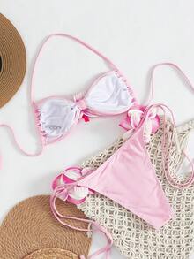 Swim SXY 新款露背系带上衣搭配低腰系带下装，饰有3D立体花卉图案，适合海滩度假。 - 粉色 - 查看 4