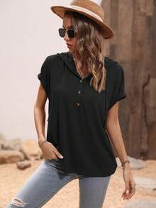 SHEIN LUNE Camiseta con capucha de unicolor casual para mujer, de verano - Negro - Ver 3