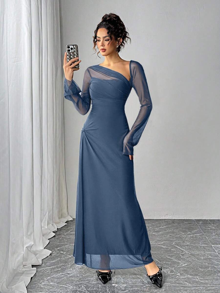 Siren Gaze Women's Solid Color Ruffle Mesh Elegant Cinched Waist Dress For Party - Dusty Blue - View 1
