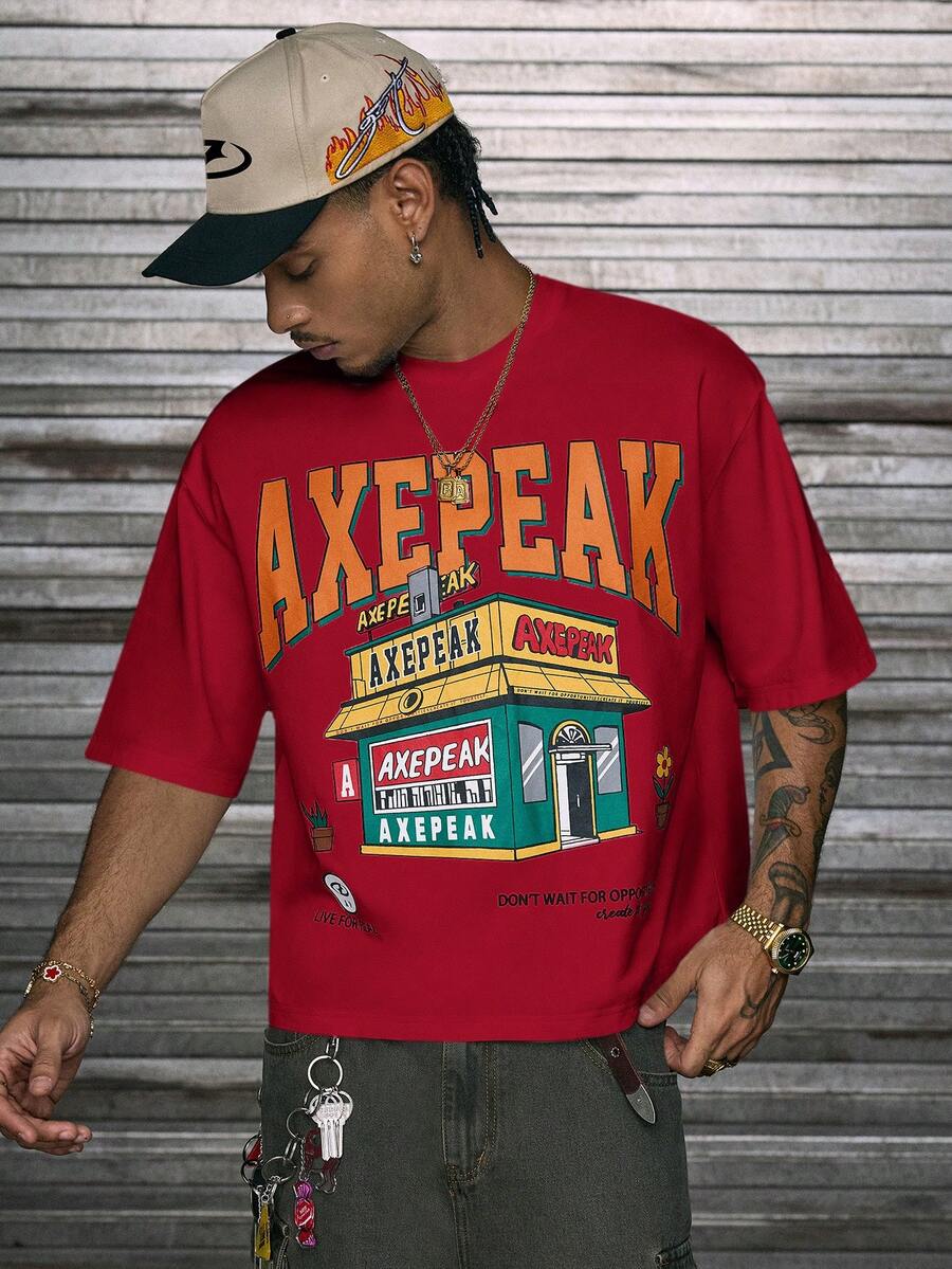 Men's Round Neck AXEPEAK Front Print Short Sleeve T-Shirt - Red - View 1