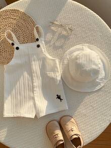 SHEIN 男女宝宝通用款白色休闲百搭连体衣套装，包含围兜裤和遮阳帽，适合春夏季居家或户外穿着。 - 白色 - 查看 5