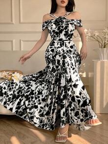 Celisse Women's Watercolor Tie Dye Blue & White Porcelain Floral Decor Cinching Waist Long Dress, Elegant For Spring/Summer - Black - View 6