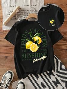 Attitoon Camiseta casual y holgada de mujer de cuello redondo y manga corta, con estampado de limón, adecuada para el verano - Negro - Ver 2