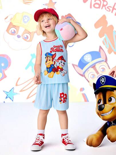 SHEIN | PAW Patrol 男童字母卡通印花圆领T恤和短裤休闲日常穿搭