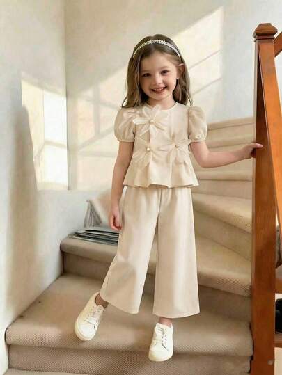 Young Girl Elegant Round Neck Petal Sleeve Floral Top And Pants Set Linen Suit For Girls Kids Elegant Clothes Beige Dress For Kids Elegant Set For Girls Young Girls Clothing Sets Collar