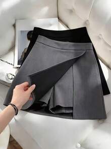 Franclia Grey High Waist Slit Hem Casual Versatile Skirt, Suitable For Spring, Summer, Autumn & Winter - Grey - View 1