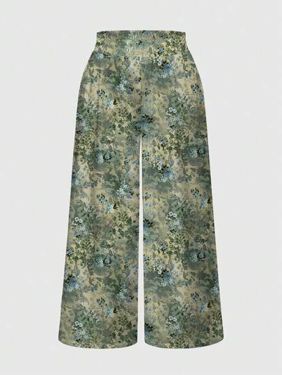 ROMWE Fairycore Plus Size Women Floral Print Casual Versatile Wide Leg Pants For Daily Wear