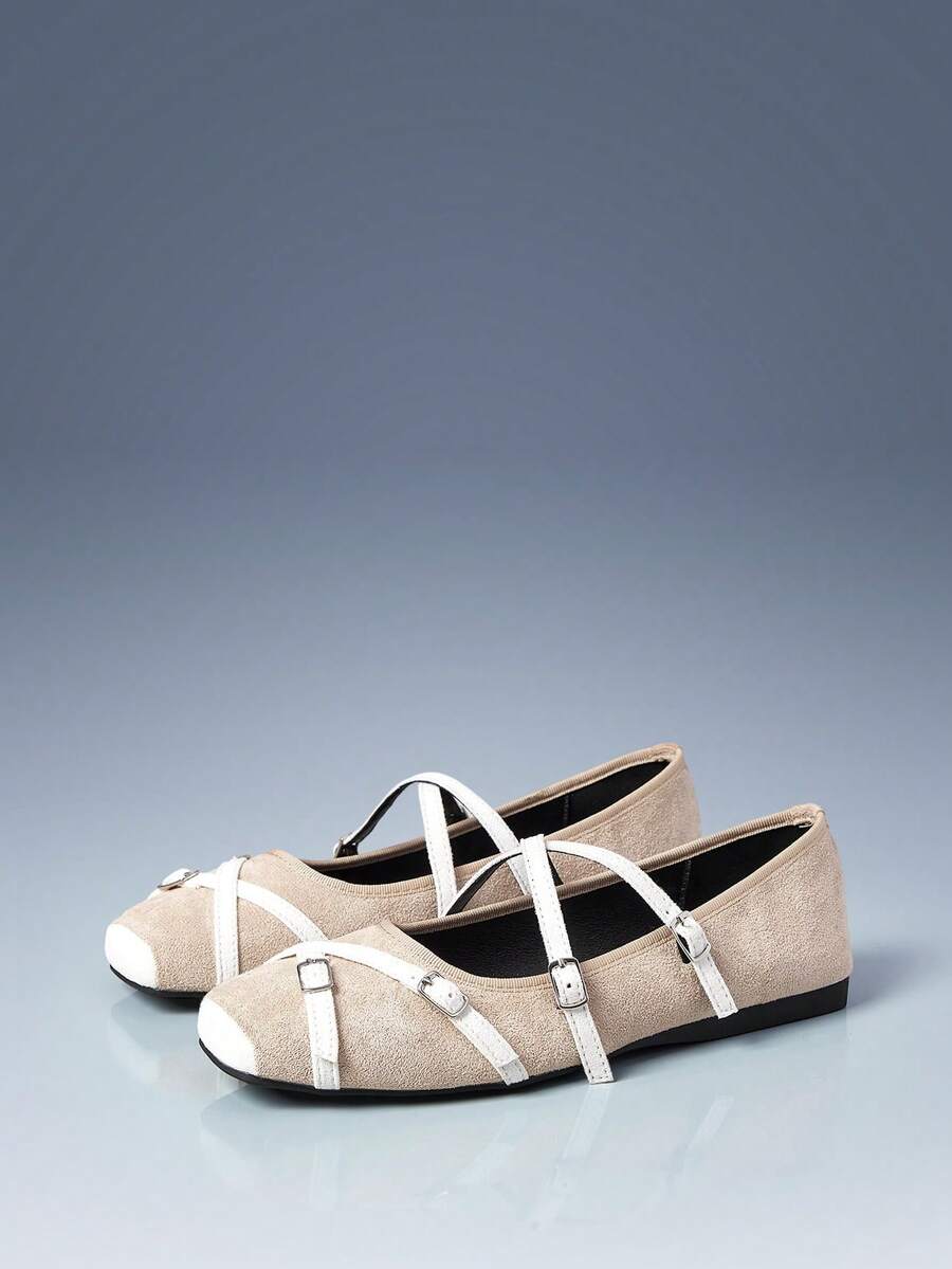 CUCCOO GRLICON Women's Flat Shoes, Square Toe Contrast Color Buckle Design Casual Flat Shoes, Motorcycle Style Outfit For Cool Girls, Suitable For Spring/Summer, Vacation, Travel, 2000s Style - skin tone - View 1