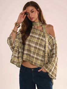 Plaid Asymmetric Scarf Design Tie Shirt - Multicolor - View 3