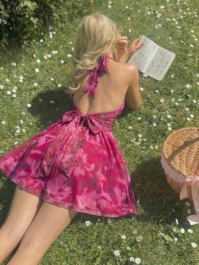 SHEIN MOD Vestido Curto Floral Abstrato com Laço Sem Costas