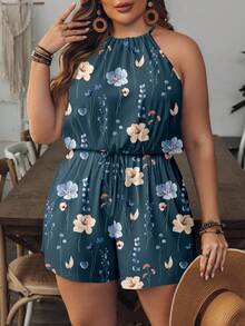 SHEIN VCAY 大码女式碎花腰带吊带连体衣 - 藍色 - 查看 3