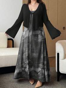 Vibekara 大码女式扎染印花吊带连衣裙搭配扭结前襟半透明喇叭袖开衫套装，优雅度假风，春夏秋季皆宜 - 黑色 - 查看 3