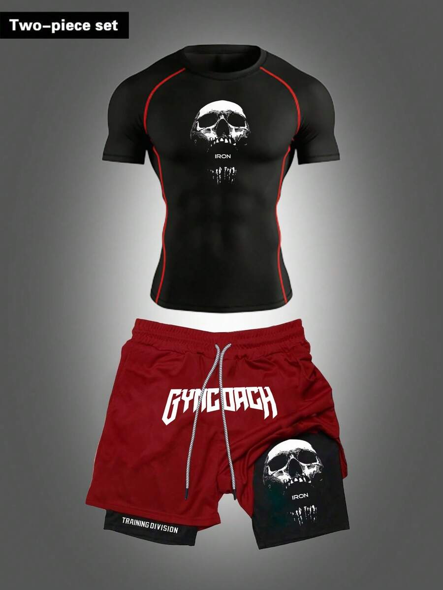 Manfinity Sport Corelite Bộ đồ thể thao nam gồm áo thun và quần short in hình đầu lâu. - màu đen - Xem 1