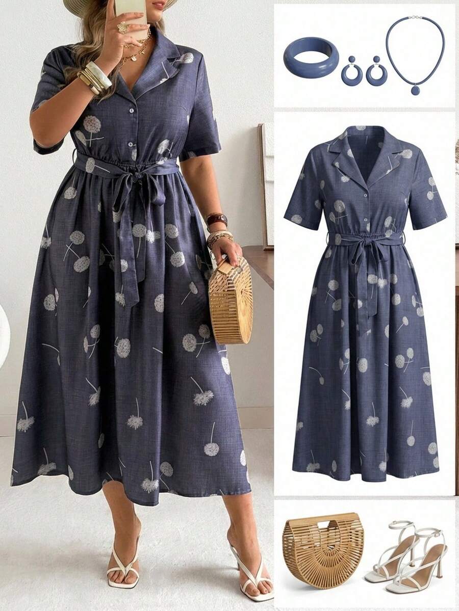 Ceyna Đầm chữ A tay ngắn cổ vuông, thắt eo, cỡ lớn - Màu xanh hải quân - Xem 1