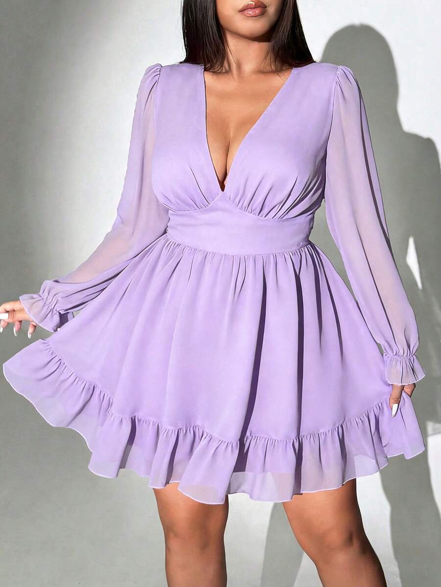 Viva Relle 大码女士纯色深V领褶皱时尚约会派对连衣裙 - 淡紫色 - 查看 1