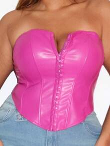 MelDlgn Plus Size Solid Center Front Button Decoration PU Leather Black Tube Top,Fall Clothes For Women - Hot Pink - View 5