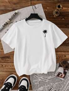 Blusa de manga corta oversize para niñas, con estampado gráfico de letras y palmeras, camiseta blanca de cuello redondo casual, cómoda y versátil para todas las estaciones - Blanco - Ver 3