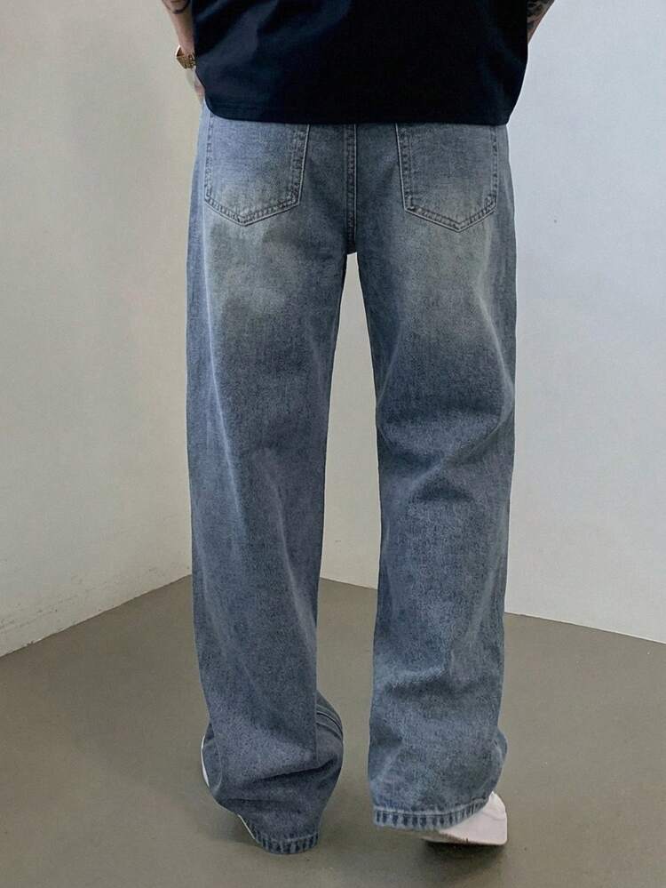 Men's Washed Vintage Blue Long Denim Jeans, Suitable For Spring And Autumn