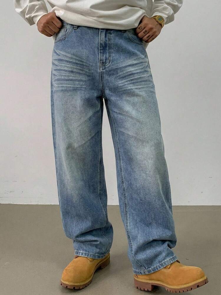 Men's Blue Washed Distressed Long Denim Jeans, Suitable For Spring And Autumn