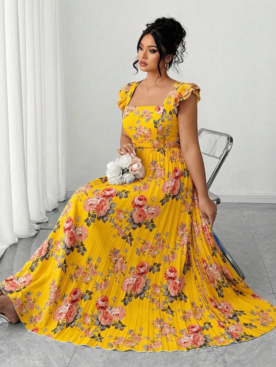 Elenzga Plus Size Women's Vintage French Style Versatile Vacation Date Ruched Waist Slimming Floral Print Ruffle Sleeve Square Neck Maxi Dress - Yellow - View 1