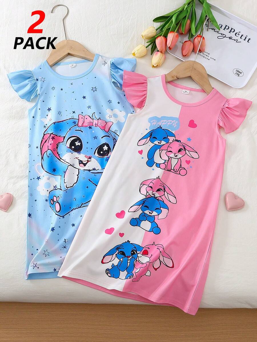 Light Pink,Summer,Fairy,Family Matching Toddler Girls' Cartoon Rabbit Pattern Ruffled Sleeve Crew Neck Dress Set Of 2,Sweet Girly Resort Style Outfit - Multicolor - View 1