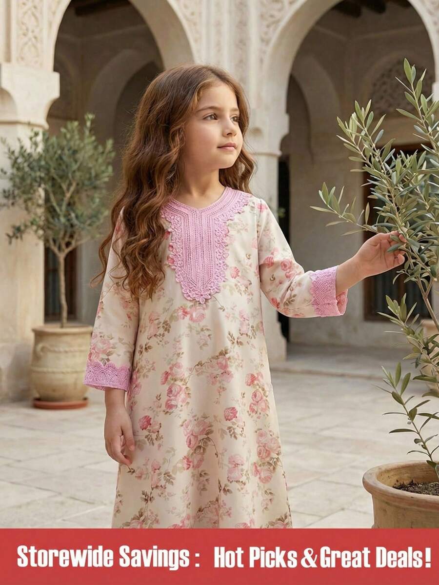 SHEIN Girls Yellow Ditsy Floral Long Sleeve Dress, Fashionable Ruffle Design Casual Wear For Outings, Spring/Autumn 7th Birthday - Pink - View 1
