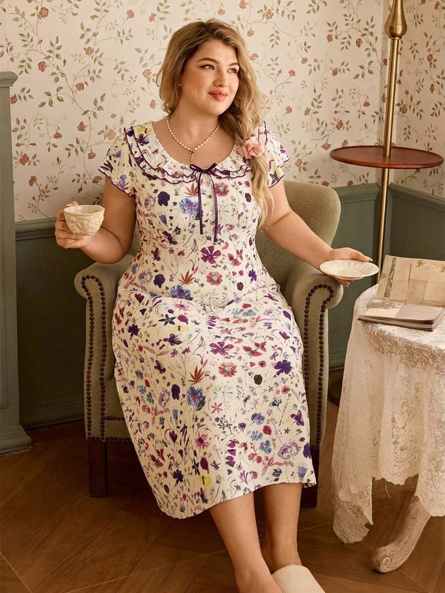 CottageSlumber Purple Floral Digital Print Round Neck Double-Layer Ruffle Trim Bow Tie Soft Comfortable Rib Knit Fabric Flare Sleeve Dress, Can Be Worn As Sleepwear - Purple - View 1