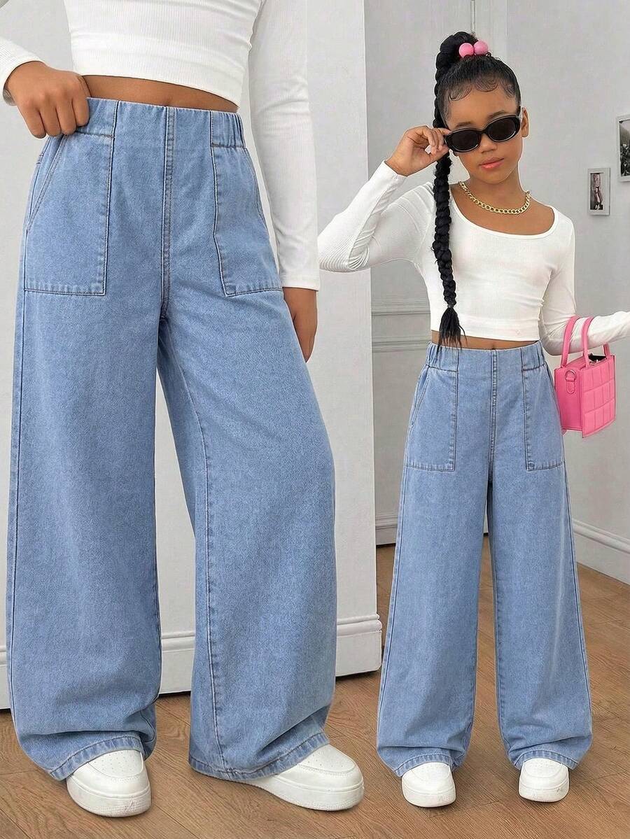 女童牛仔裤，春秋新款，简约休闲，浅蓝色水洗牛仔布，高腰阔腿，大贴袋，后腰松紧带，舒适优质棉质牛仔布，日常基础款，适合上学、度假等各种场合，春秋皆宜。儿童牛仔裤，女童阔腿裤 - 淺色水洗藍 - 查看 1