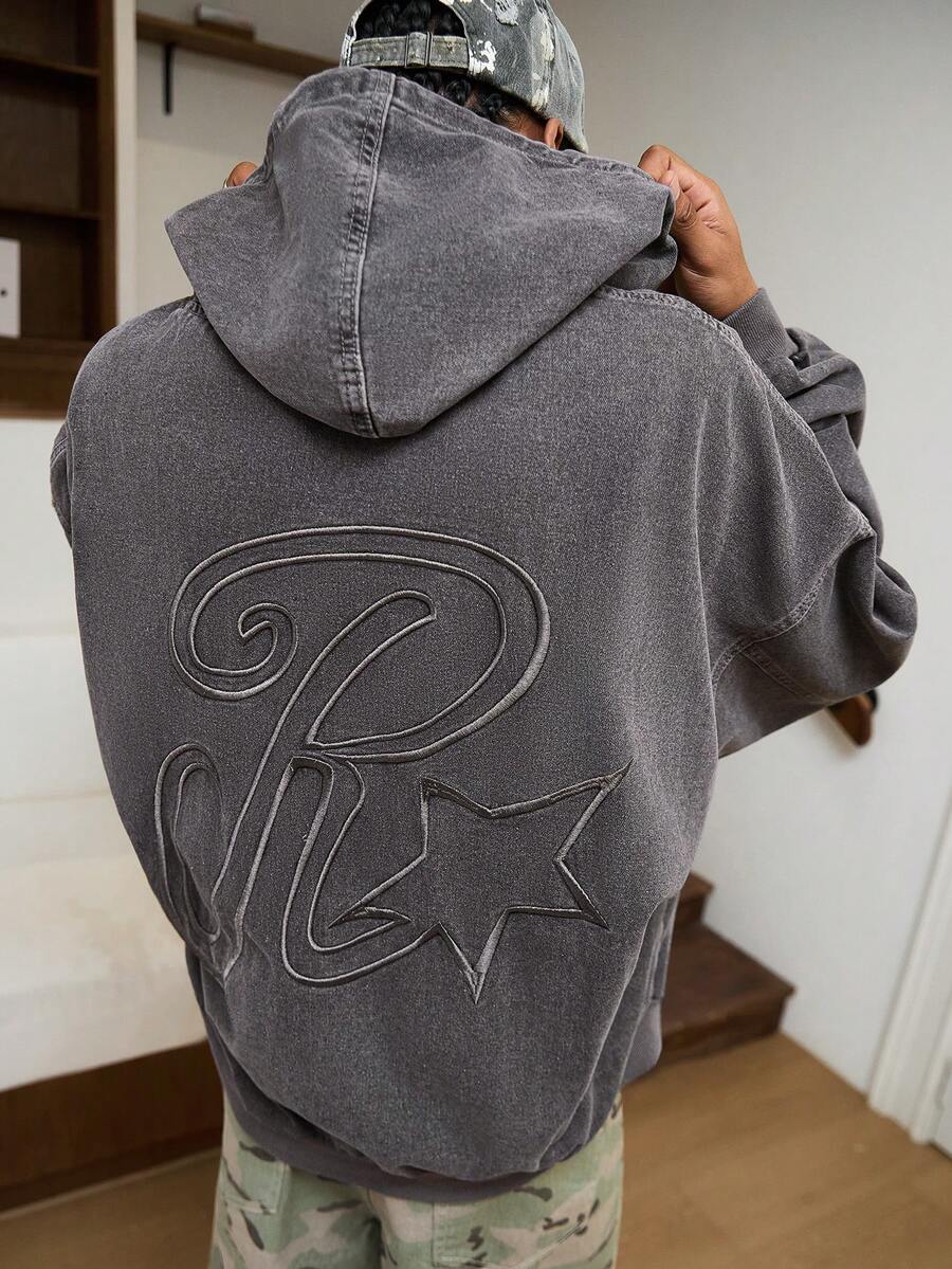 GALLERY FADE 男士街头时尚休闲刺绣连帽灰色牛仔夹克 - 深灰色 - 查看 1