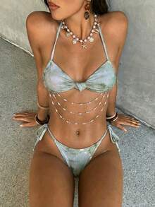 Aloruh 女士春夏新款扎染印花波西米亚风泳装套装，珍珠链饰，魅力派对装扮，音乐节服装，优雅性感女士比基尼套装，海滩度假装 - 彩色 - 查看 10