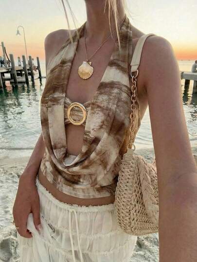 Aloruh Áo nữ không tay kiểu bohemian in họa tiết tie-dye mới, cổ xếp ly, kiểu dáng 2 trong 1, phù hợp cho các lễ hội âm nhạc và những buổi đi chơi thường ngày.