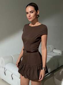 Lavishia Women's Elegant Coffee Brown Summer Short Sleeve Dress Ruffle Bud Hem,Business Casual Office Work Outfits,Formal Party Brunch Petite Clothing - Mocha Brown - View 6