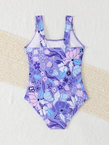 SHEIN 新款女童连体泳衣，紫色花卉图案面料，修身剪裁，凸显身材，风格独特。简约都市风，适合女孩度假、海滩、游泳、水上乐园、冲浪、沙滩派对等场合。 - 紫色 - 查看 2