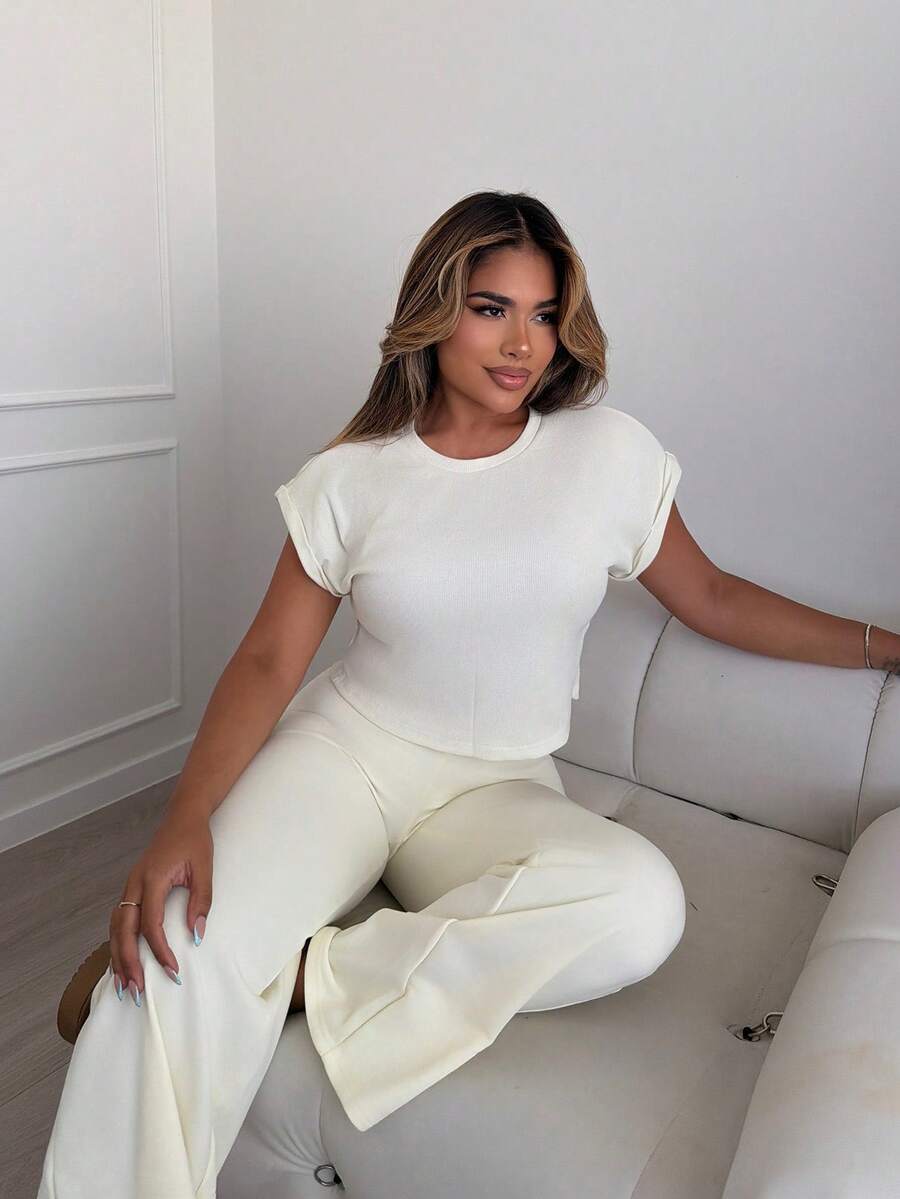 Maria Perezxox 女式蝙蝠袖圆领上衣和裤子家居服套装 - 杏色 - 查看 1