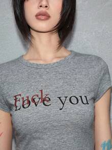 ROMWE Avant Minimalist Basic Funny Slogan Print Crew Neck Fitted Waist Short Sleeve T-Shirt - Grey - View 4