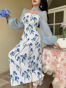 Feyla Đầm nữ tay phồng họa tiết hoa, dáng dài ngang gối, thanh lịch. - Xanh và trắng - Xem 6