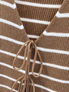 Resyla 女式休闲条纹系带针织毛衣背心 - 卡其色 - 查看 6