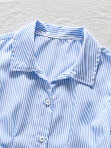 SHEIN Vintaside Kids 条纹前开襟短袖休闲衬衫，灯笼袖，蝴蝶结腰部褶裥A字版型，修身显瘦，适合通勤、度假休闲等场合，夏季穿着。 - 藍色 - 查看 7