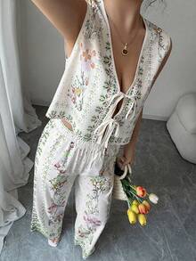 Elenzga Women's Floral Print Tie Front Vest And Pants Casual 2 Pieces Set - Multicolor - View 5