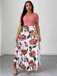 Maweii Robe longue à manches courtes avec taille cintrée, imprimé floral, col rond, pour femmes grandes tailles, printemps/été. Robe décontractée élégante pour les loisirs, les vacances et les déplacements. Robes décontractées pour femmes. - Rose bonbon - Voir 5