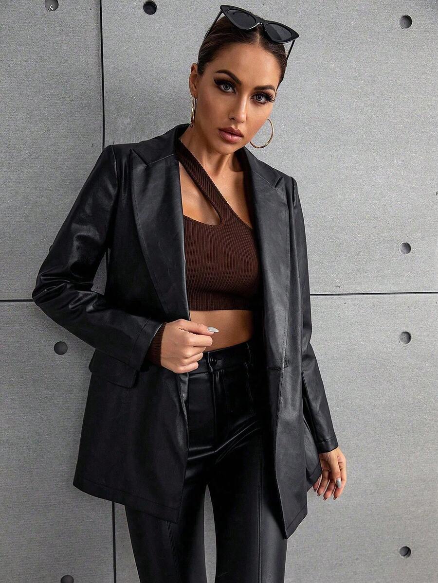 SHEIN ChicEase Blazer de cuello pico PU - Negro - Ver 1