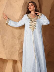 Al Najma Áo Kaftan thêu hoa phối sequin jacquard. - Màu xanh lam - Xem 6