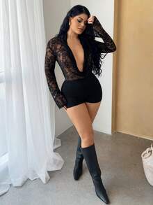 Dayanna Comas Bộ đồ liền thân cổ khoét sâu ren gợi cảm thời trang dành cho nữ - màu đen - Xem 5