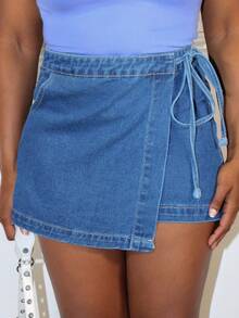 Steph T Quần short denim thắt nút thường ngày cho nữ - Rửa tối - Xem 3