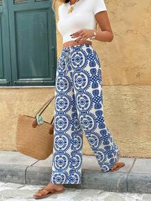 Serisse Women's All-Over Print Knotted Casual Vacation Pants - Blue and White - View 3